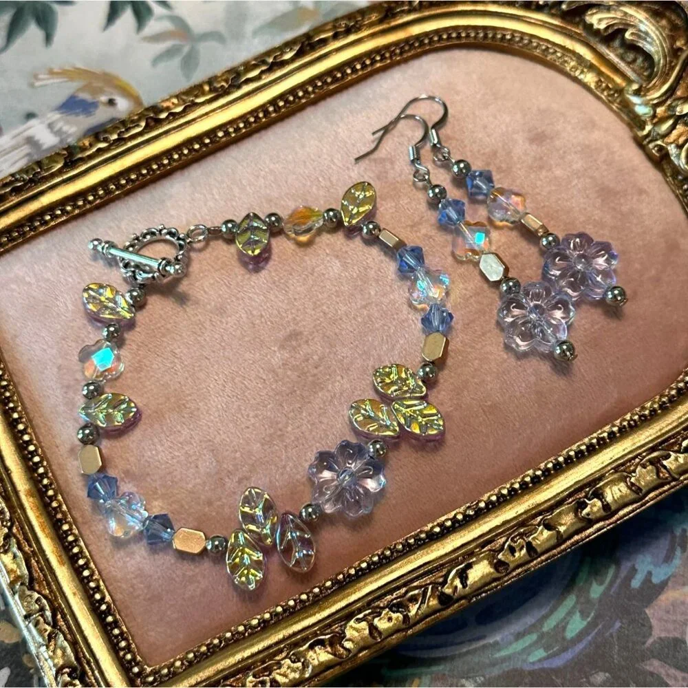 Handmade Crystal Flower Bracelet & Earrings Set With Toggle Clasp Floral Acce - Picture 2 of 9